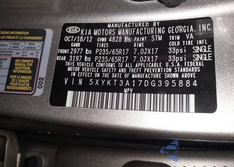 2013 Kia Sorento Lx z USA, uszkodzony, nr VIN 5XYKT3A17DG395884